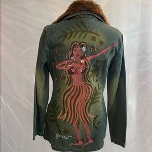 SOLD M/l Jean jacket hand-painted hula girl